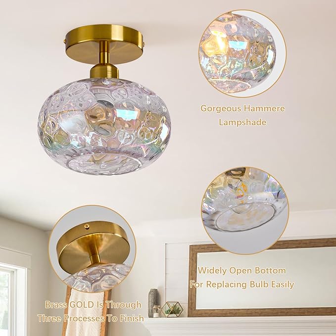 Vintage Glass Flush Mount Ceiling Light - 7.9 Inch Iridescent Hammered Glass Hallway Light fixtures Ceiling, Gold Semi Flush Mount Ceiling Light for entryway Foyer Laundry Room Kitchen
