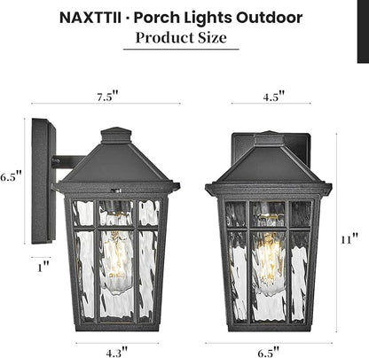 Outdoor Wall Lamps 11 Inch Outside Light Fixtures for House Black Aluminum Exterior Wall Sconce with Water Ripple Glass for Patio Porch and Garage E26 Socke Max 60W