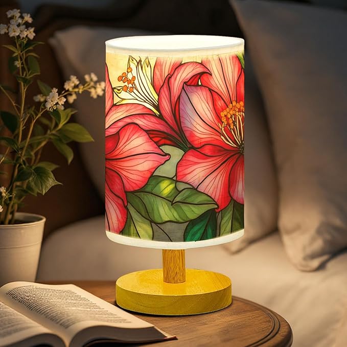 Azalea Table Lamp LED 3-Color Pressed Bedside, Azalea Shade Lamp with Wood Base for Bedroom Living Room Desk Office