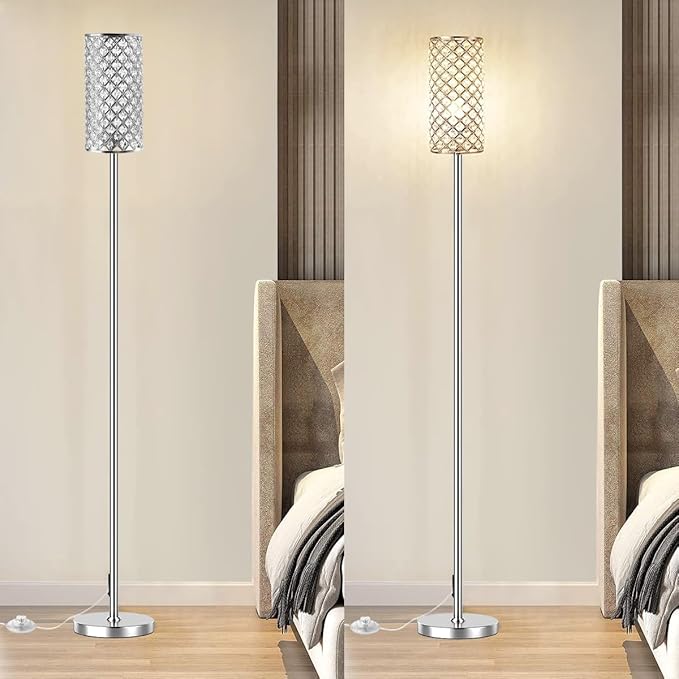 Crystal Floor Lamps - Modern Silver Standing Lamp with 3 CCT LED Bulbs for Elegant Home Decor Living Room and Bedroom Lighting