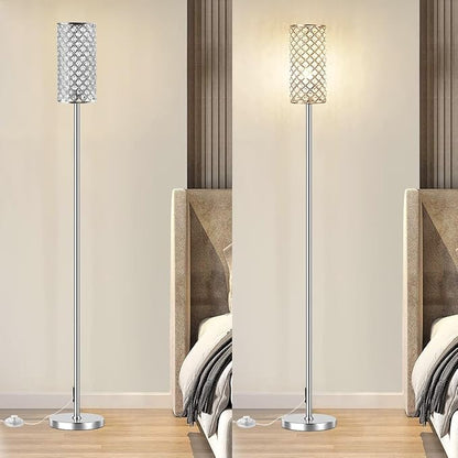 Crystal Floor Lamps - Modern Silver Standing Lamp with 3 CCT LED Bulbs for Elegant Home Decor Living Room and Bedroom Lighting