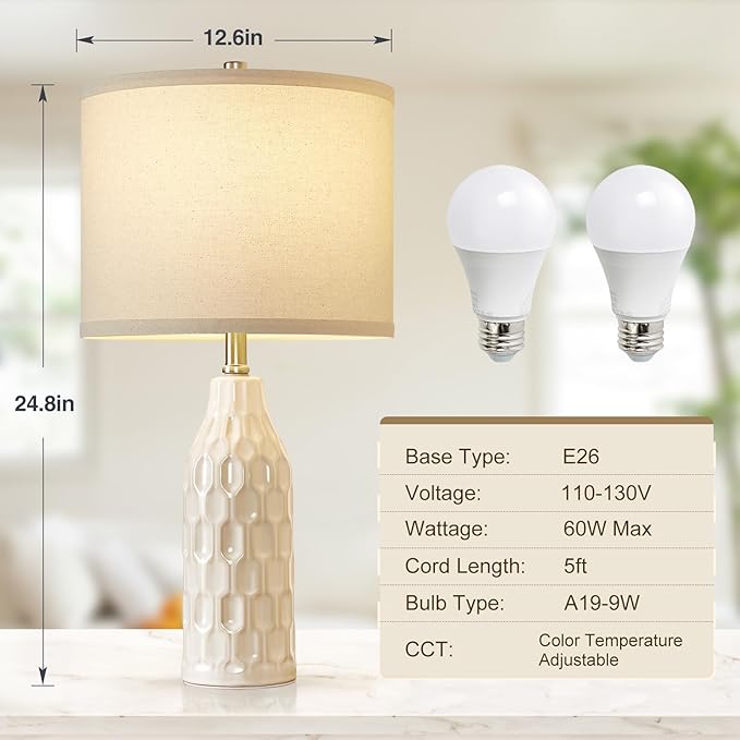Luvkczc 24.8" Ceramic Table Lamps Set of 2 with Color Temperature & Bulbs Included - Bedside Lamps for Nightstand, Living Room, Bedroom, Home Office Decor