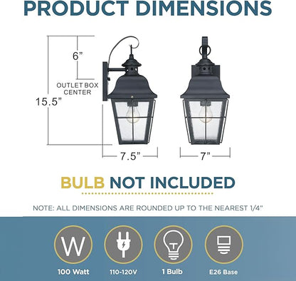 Quoizel Millhouse Outdoor Wall Lantern, 15.5 Inch, 1-Light Mystic Black Traditional Wall Sconce, Clear Seeded Glass, 100W, Exterior Wall Lantern Fixture, Outside Lights for Patio, Porch, or Garage