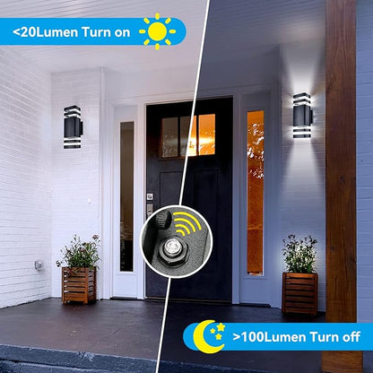 Outdoor Wall Light Dusk to Dawn, Exterior Sconce Lighting Fixture, Up and Down Porch Light Waterproof Aluminum Square PC and Tempered Glass Cover 3000k 7W 2Pack Black Certificate ETL