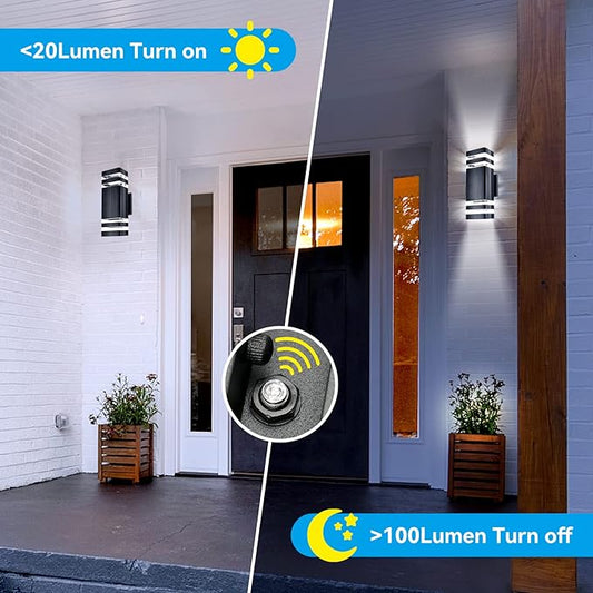 Outdoor Wall Light Dusk to Dawn, Exterior Sconce Lighting Fixture, Up and Down Porch Light Waterproof Aluminum Square PC and Tempered Glass Cover 3000k 7W 2Pack Black Certificate ETL
