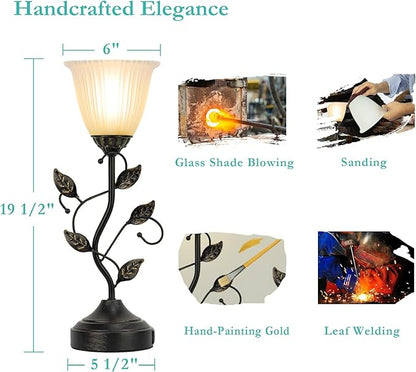 Touch Lamps for Nightstand Set of 2, Stripe Glass Shade Blossoming Bedside Lamp with USB A+C Charging Ports, Torchiere Table Lamp with Metal Leaf Base Decor Bedroom Living Room