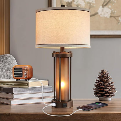 RORIA Farmhouse Table Lamps for Living Room with 2 USB Charging Ports, Vintage Rustic Nightstand Lamp with Amber Glass Nightlight, Retro Desk Lamp for Bedroom Entryway, 2 Bulbs Included