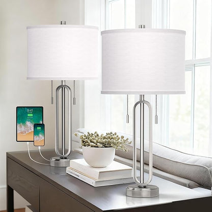 26.5’‘ Industrial Table Lamp Set of 2, Nickel Metal Bedside Lamp with USB C+ A Ports & Pull Chain, Modern Farmhouse Nightstand Lamp for Bedroom, Living Room, Home Office with White Shade