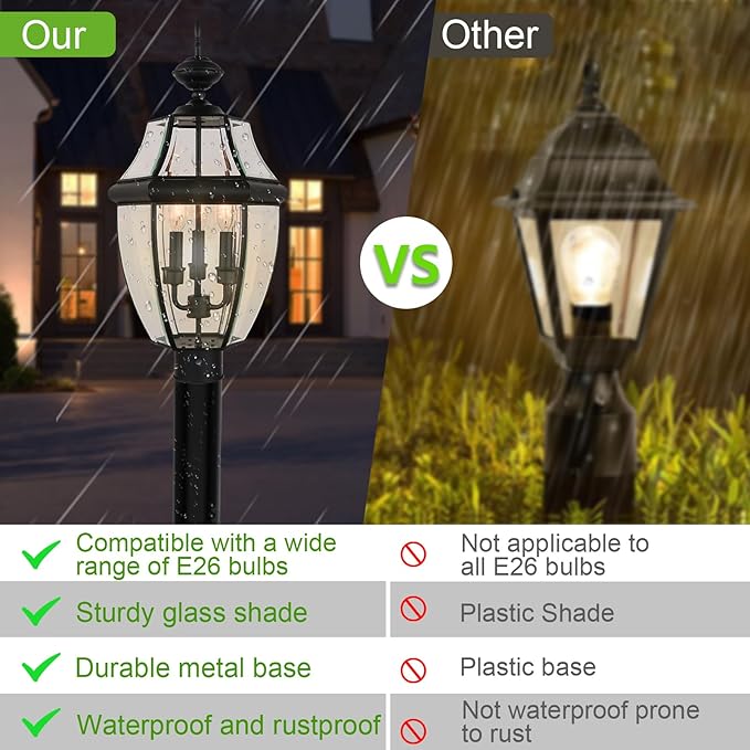 Kalium Outdoor Post Lights, 3 Light Lamp Post Light Fixture Hardwired with Clear Beveled Glass, 23" Large Waterproof Lamp Pillar Fixtures for Yard Pathway Porch Patio 60W Matte Black