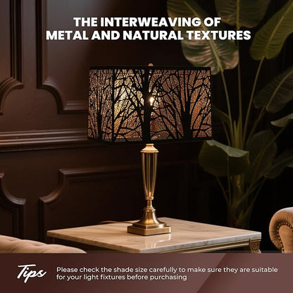 ALUCSET Rectangular Small Lamp Shade with Etched Forest Pattern, Metal Lampshade (12.5+6.8)'' Top and Bottom X 8'' Height, Vintage Replacement Light Cover for Table Floor Lamps