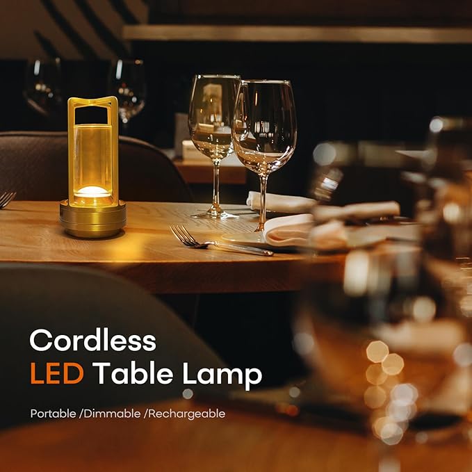 Portable Table Lamp for Indoor/Outdoor, Rechargeable Cordless Desk Lamp with Touch Sensor, 3 Way Dimmable Suitable for Bars/Cafes/Restaurants/Bedrooms/Camping Sites (Gold)