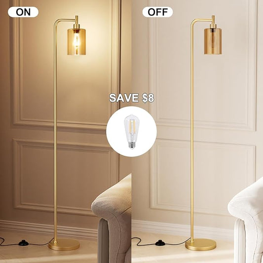 Floor Lamps for Living Room - Gold Standing Lamp with Amber Glass Shade, Modern Floor Lamp with LED Bulbs, Bright Industrial Floor Lamp for Bedroom, Farmhouse Tall Lamp for Office