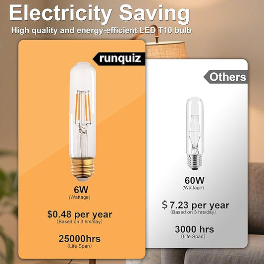 T10 Tubular Led Bulbs 60w Equivalent, Dimmable 5.25 Inch Led Tube Bulb, E26 T30 Edison Tubular Clear Light Bulbs, 2200K Warm Light Long Skinny 6W 10 Pack