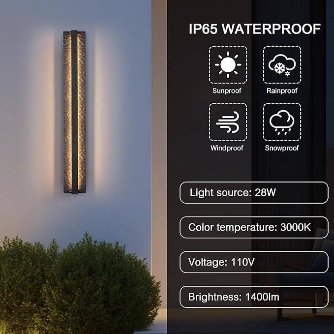 LamQee 31.5" Long Outdoor Modern LED Wall Light 3000K 1400LM, Hammered Wrought Iron and Aluminum, Linear Exterior Lighting Fixtures Wall Mount Waterproof Outside Sconce for House Porch Patio Garage