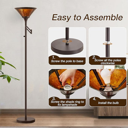 Floor Lamps for Living Room - 70" Brown Torchiere Standing Floor Lamp with Adjustable Swing Arm - Tall Corner Lamp Decor for Bedroom with Mica Shade LED Reading Light for Home Office