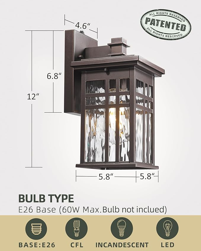 Outdoor Wall Sconce 2-Pack, HWH Dusk to Dawn Exterior Wall Light Fixtures, Farmhouse Outside Lights for House Oil-Rubbed-Bronze with Water Ripple Glass, 5HD27B-PC-2PK ORB-WP