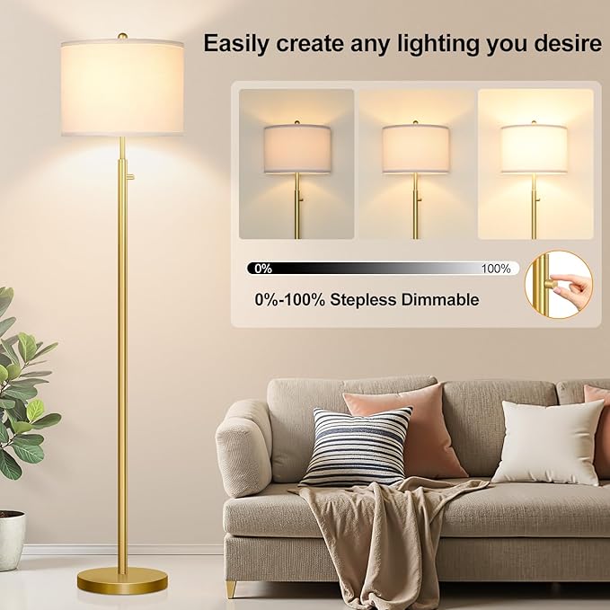 Nintiue 【Upgraded】 Dimmable Floor Lamp for Living Room, 11W LED Bulb Included, Modern Standing Lamp, Tall Pole Light with Linen Shade for Bedroom Reading Office Corner Nursery-Gold