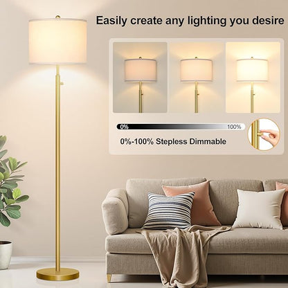 Nintiue 【Upgraded】 Dimmable Floor Lamp for Living Room, 11W LED Bulb Included, Modern Standing Lamp, Tall Pole Light with Linen Shade for Bedroom Reading Office Corner Nursery-Gold