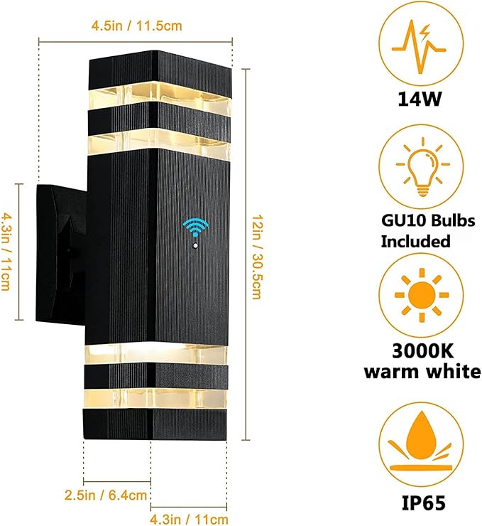 tewei Dusk to Dawn Outdoor Wall Lights Fixture, Up and Down Porch Lights Outdoor Wall Black Modern Exterior Lights, IP65 Warm White 3000K Waterproof LED Wall Sconce for House Garage, 2 Pack