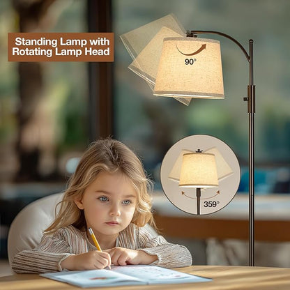 AIDENOEY Fully Dimmable Floor Lamp for Living Room，Standing Lamp Rotary Switch with Linen Beige Shade，Brown Tall Lamps for Bedroom with Adjust Head，9W LED Bulb Included