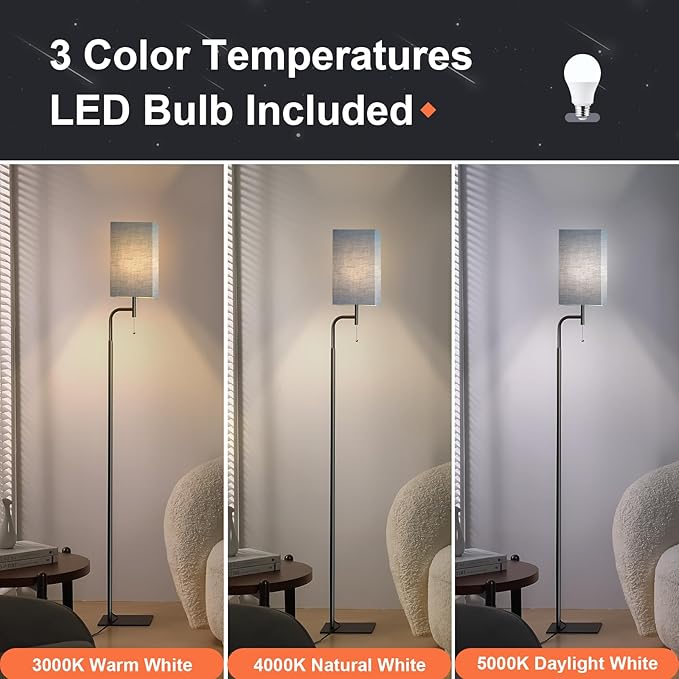 Floor Lamp for Living Room, 3 Color Temperatures Modern Standing Tall Lamps for Bedroom, Elegant Linen Shade, Minimalist Stand Up Pole Lamp for Office Kids Room Reading, Blue