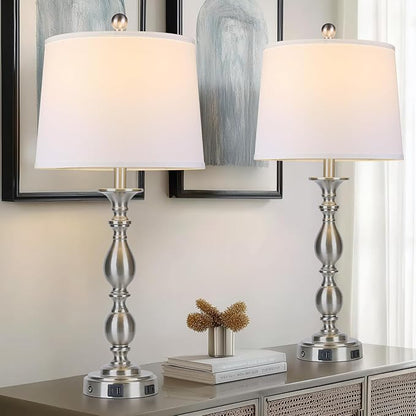 28" Tall Modern Table Lamps Set of 2 with USB A+C Ports and AC Outlet, 3 Way Touch Metal Bedside Lamps for Bedroom, Silver Farmhouse Nightstand Lamps for Living Room