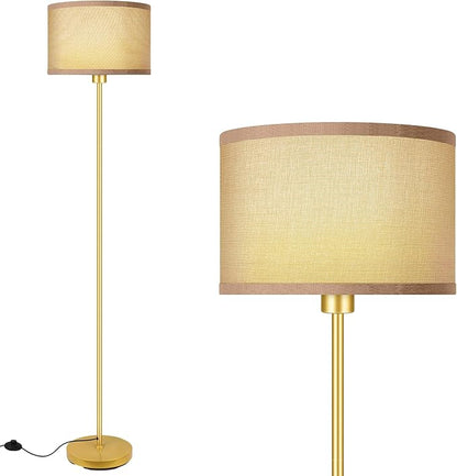 Gold Floor Lamp, Standing Lamp, Rustic Living Room Lamps with with Jute Shade, Foot Pedal Switch, Bright Farmhouse Tall Lamp, Corner Lamp for Bedroom Office (LED Bulbs Included)