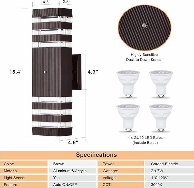 DASTOR 4 Pack Dusk to Dawn Light Fixture, Modern Wall Lights Brown Exterior Sconce for House, 3000K Up and Down Outdoor Porch Lights Wall Sconce for Garage Patio