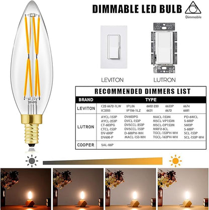 E12 Edison 8W LED Bulb, 100 watt Equivalent Candelabra Dimmable Chandelier Light Bulbs 3000K Soft White Clear 850lm E12 Vintage LED Filament Vintage Candle Bulb with Decorative,4-Pack. (3000k)