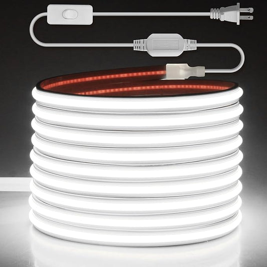Aclorol AC 110V COB LED Strip Lights Plug in 16.4FT 288led/M High Density Flexible COB LED Rope Light Waterproof for Outdoor Patio Garden Decor IP68 Daylight White 6000K with Strong Self-Adhesive