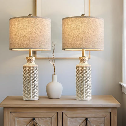 24.75'' Farmhouse Ceramic Table Lamp Set of 2 for Bedroom Living Room Vintage Traditional Rustic Modern White Nightstand Bedside Lamps