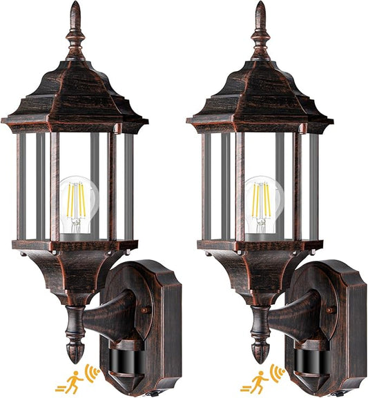 Redluck Motion Sensor Outdoor Lights, 2 Pack 16 inch Dusk to Dawn Outside Porch Lights, Waterproof Anti-Rust Aluminum Outdoor Wall Lights for House, Garage, Front Door, Antique Black and Bronze Gold