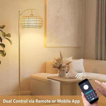 Gold Floor Lamp for Living Room with 3 Color Temperatures,Arc Boho Floor Lamps with Remote Control, Rattan Standing Lamp with Wicker Lamp Shades Dimmable Tall Floor Lamp For Bedroom Living Room Corner