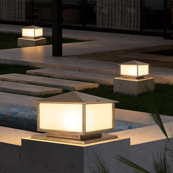 SLAWA Outdoor Post Lights with Mount Base, Exterior Patio Pillar Lights Outdoor Fixture with Aluminum Housing, Outdoor Column Lights Fixture with Tempered Glass for Front Yard, Garden Porch