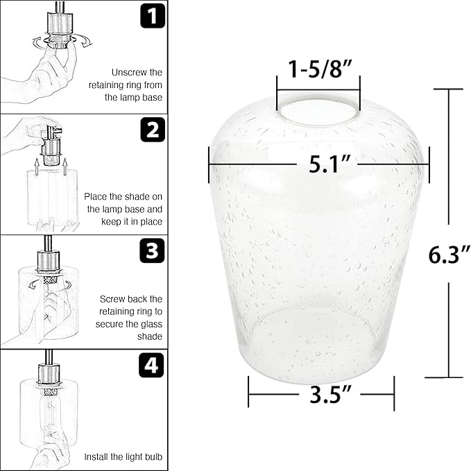 Wine Glass Lamp Shade for Light Fixture, 6.3" Height, 1-5/8 Inch Fitter, 3 Pack Clear Seeded Bubble Effect Glass Shade Replacement Globe