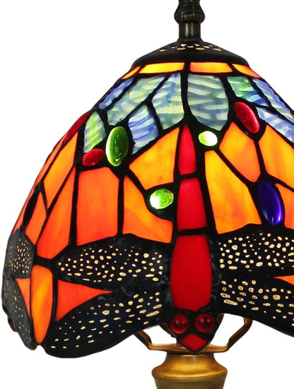 8 inch Dragonfly Stained Glass Style Table lamp Vintage Small Blue Orange Multi-Colored Shade Light Home livingroom Bedroom Bedside Light Desk Decor Decoration 14.6" Tall