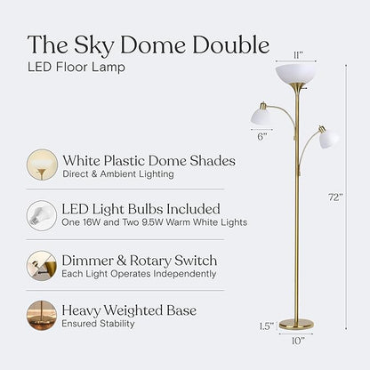 Brightech Sky Dome Double LED Floor lamp, Torchiere Super Bright Floor Lamp with 2 Reading Lamps for Living Rooms & Offices - Dimmable Tall Standing Lamp for Bedroom Reading - Tall Brass Pole