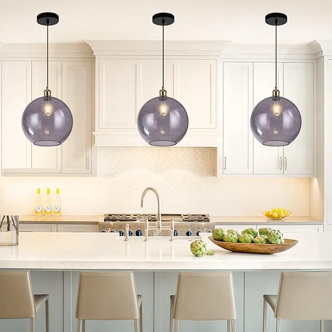 Grey Glass Pendant Lights Kitchen Island Lighting Globe Pendant Light Fixtures Modern Kitchen Island Lighting for Dining Room Bedroom -9.8inch