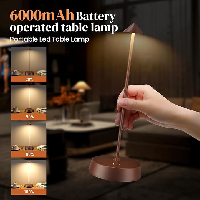 Cordless Table Lamp Rechargeable, Battery Operated 6000mAh Desk Lamp Touch Dimmable Lamp Outdoor Waterproof Portable Wireless Table Light, Small Table Lamp for Restaurant Bar/Outdoor (Brown)