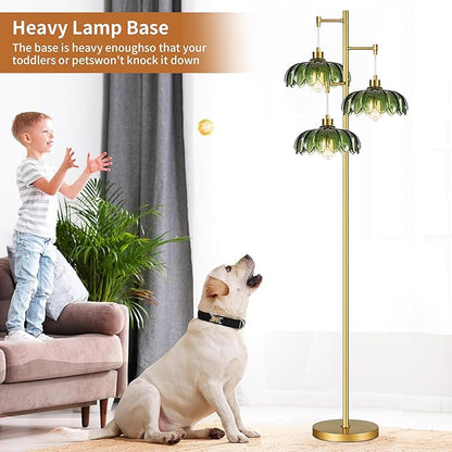 Glass Floor Lamp for Living Room,Bedroom,Mid Century Modern Standing Lamp Brass Tree 3 Light Tall Floor Lamps Vintage Retro Floor Lights Gold Green Flower Lamp Shade Farmhouse Boho Bohemian