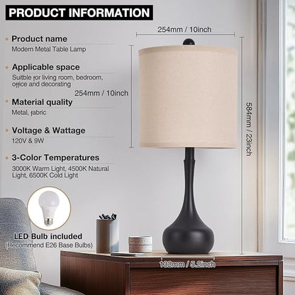 23" Farmhouse Table Lamp Set of 2, Rustic Metal Bedside Lamps for Bedroom, Living Room, Office, Dorm - 3-Way Color Changing, Bulb Included, Home Decor