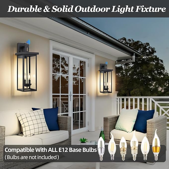 22 Inch Dusk to Dawn Outdoor Lighting,Large Porch Light Outdoor Light Fixture,2 Pack Outdoor Sconce Lights with E12 Base Waterproof 2-Light Black Exterior Lights for House Patio,Garage
