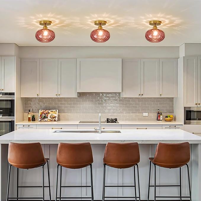 Red Glass Semi Flush Mount Ceiling Light - 7.9 Inch Hammered Art Deco Glass Small Hallway Light fixtures, Vintage Gold Flush Mount Ceiling Light for entryway Foyer Laundry Room Kitchen