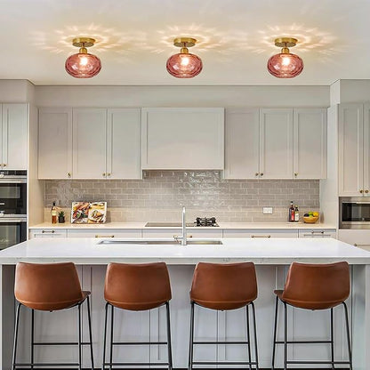 Red Glass Semi Flush Mount Ceiling Light - 7.9 Inch Hammered Art Deco Glass Small Hallway Light fixtures, Vintage Gold Flush Mount Ceiling Light for entryway Foyer Laundry Room Kitchen