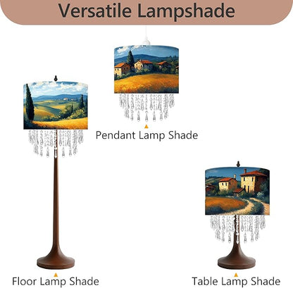 Pastoral Landscape Lamp Shade with Acrylic Bead Droplets, Drum Fabric Light Shade for Ceiling Pendant Table & Floor Lamps, Farmhouse Country Style Decor, 11.8in
