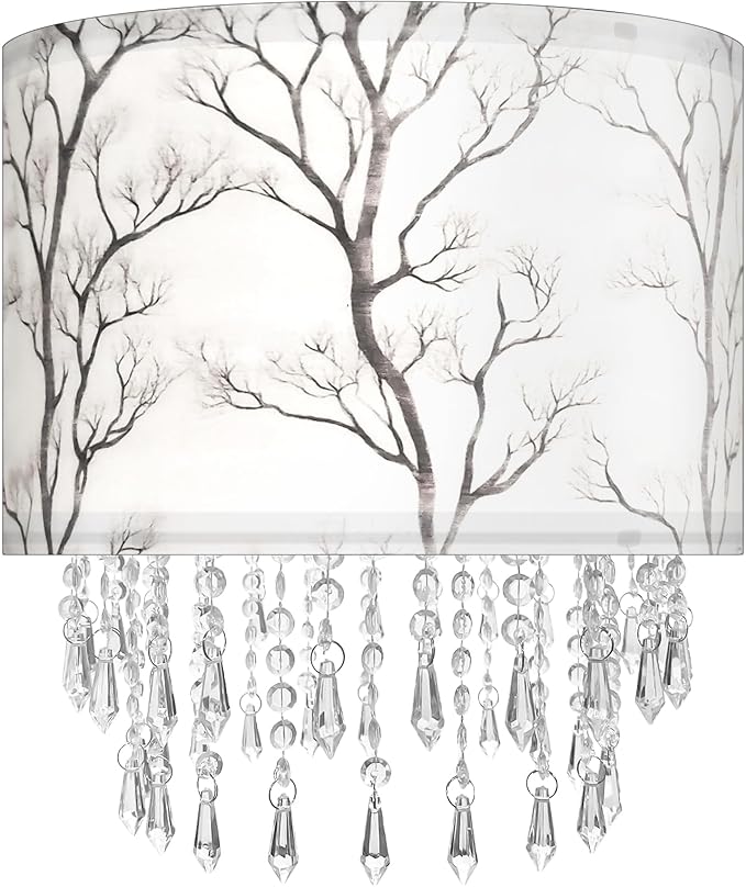 Winter Tree Branch Lamp Shade with Acrylic Bead Droplets, Branch Drum Fabric Light Shade for Pendant Table & Floor Lamp, Traditional Mordern Decor, 11.8in