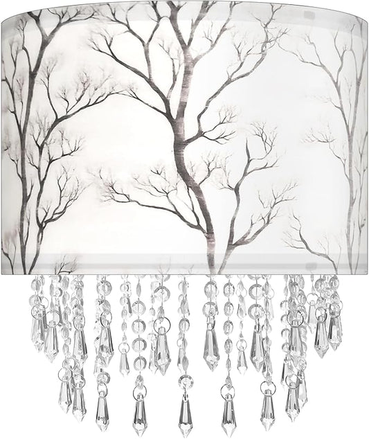 Winter Tree Branch Lamp Shade with Acrylic Bead Droplets, Branch Drum Fabric Light Shade for Pendant Table & Floor Lamp, Traditional Mordern Decor, 11.8in