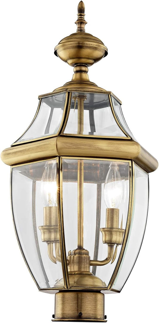 Livex Lighting 2254-01 Monterey 2 Light Outdoor Antique Brass Finish Solid Brass Post Head with Clear Beveled Glass