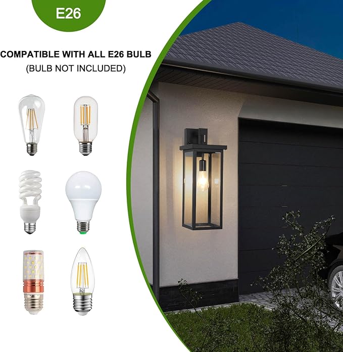 tewei 2 Pack Large Size Outdoor Wall Lantern Exterior Wall Light Fixture, 20 In Matte Black Porch Light Waterproof Outdoor Lights for House with Clear Glass Shade, E26 Base Exterior Sconces for Garage