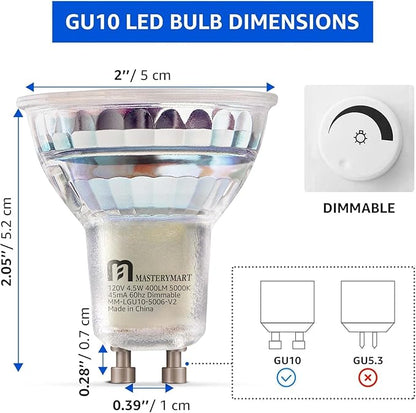 MASTERY MART Dimmable GU10 LED Light Bulbs, 4.5W Bright 5000K Daylight White 50W Halogen Equivalent, 400lm Energy Saver for Track Lighting Fixture, Kitchen, Basement, Living Room, 25000 Hour, 4 Pack